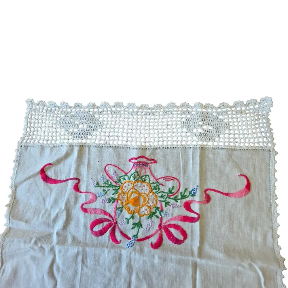 Vintage Floral Basket Embroidered Dresser Scarf Linen Runner Double Sided 32